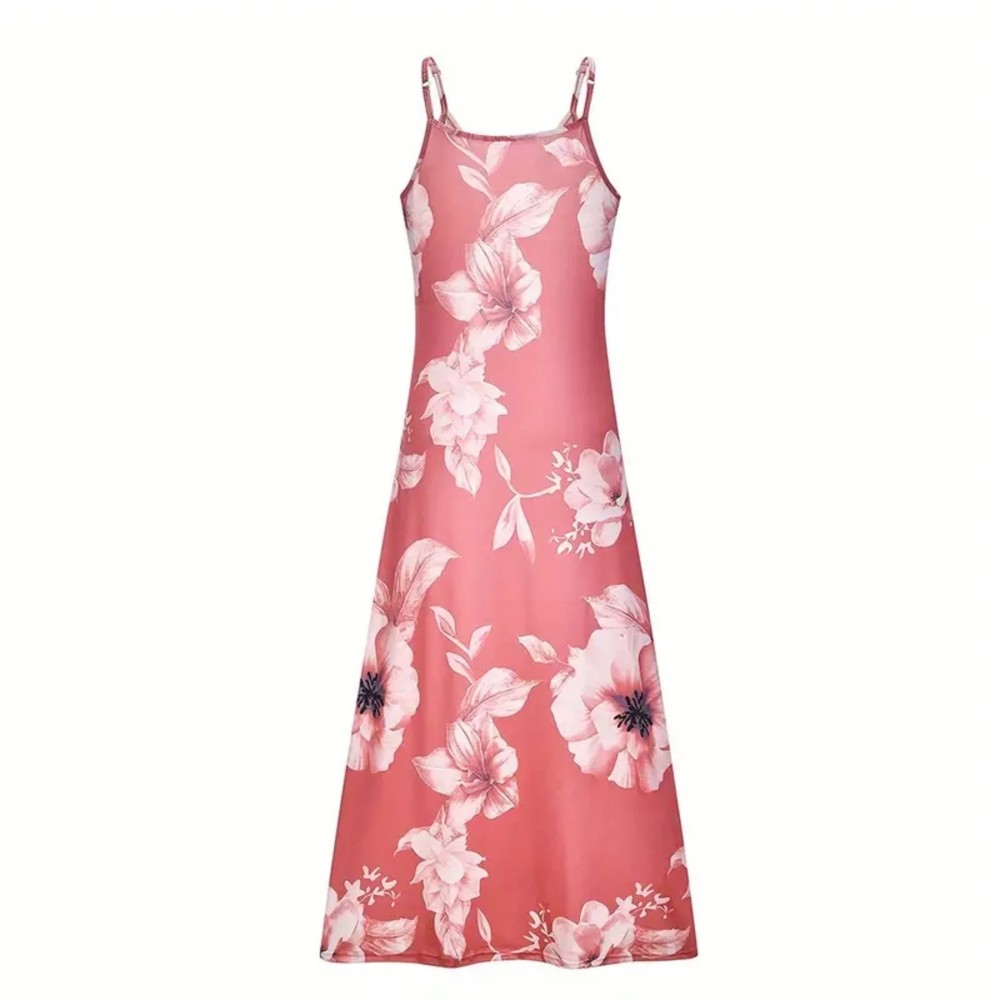 Floral Print Spaghetti Dress, Casual Crew Neck Ankle Cami Dress - Picture 3 of 3